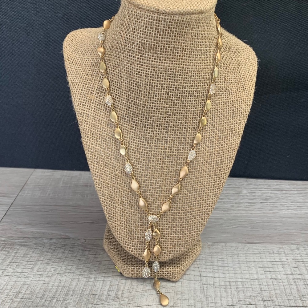 Chicos Gold Tone Pave Crystal Matte Almond Link Y-Necklace 18 Inch